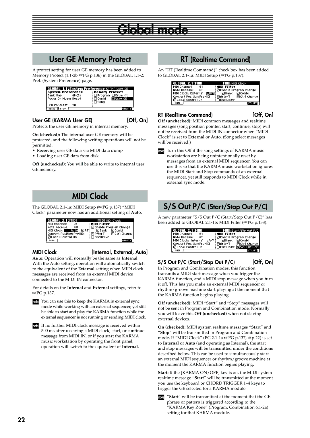 Korg 2 manual Global mode, User GE Memory Protect, Midi Clock, RT Realtime Command, Out P/C Start/Stop Out P/C 