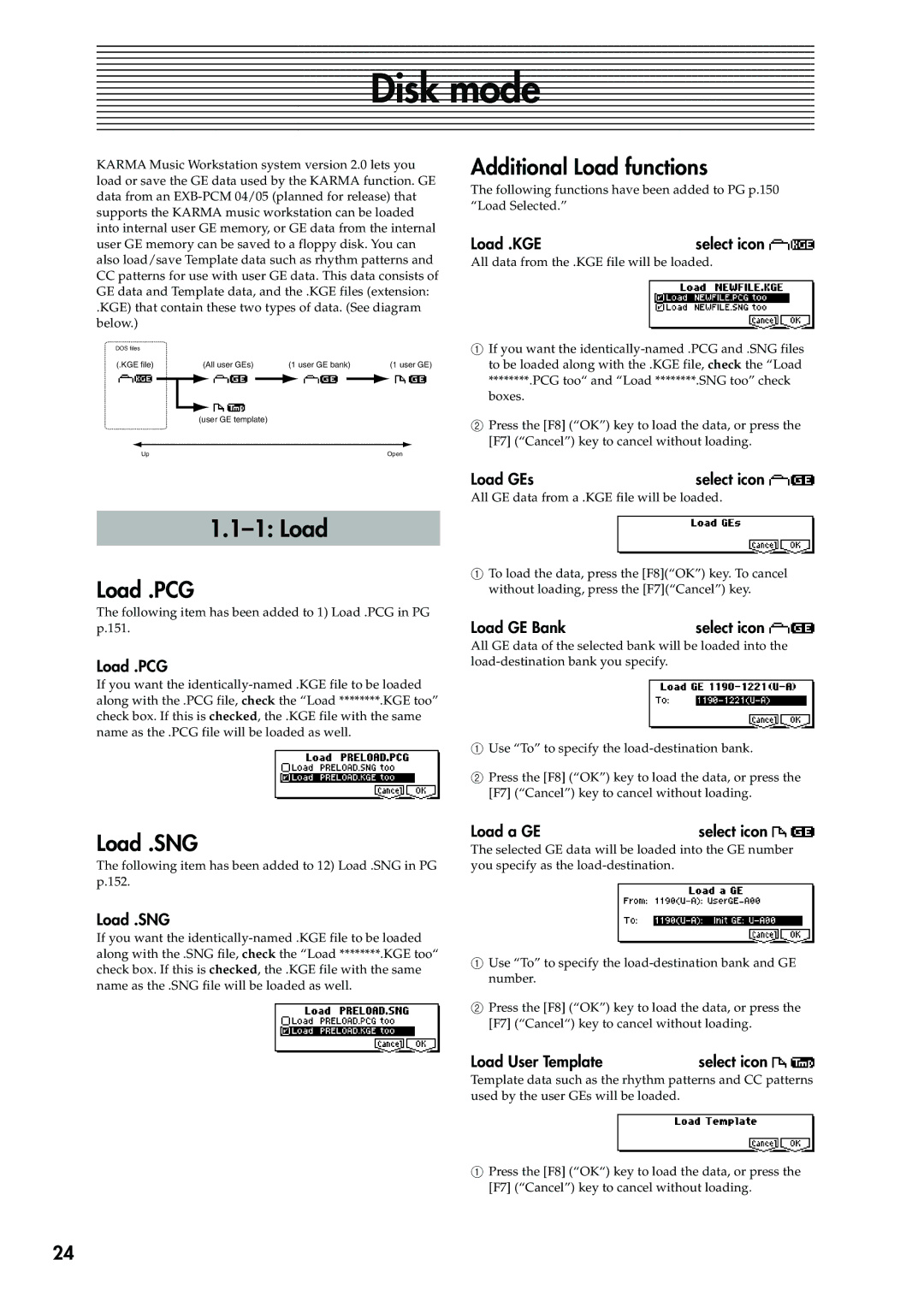 Korg 2 manual Disk mode, Load .PCG, Additional Load functions, Load .SNG 