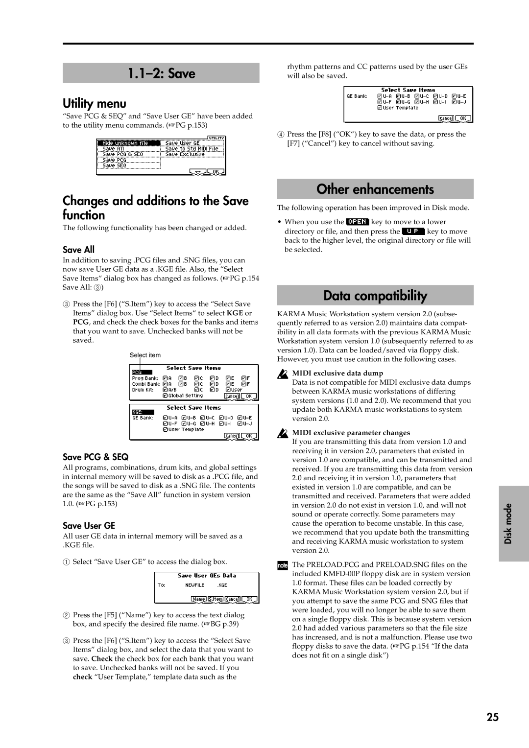 Korg 2 manual Data compatibility, Changes and additions to the Save function 