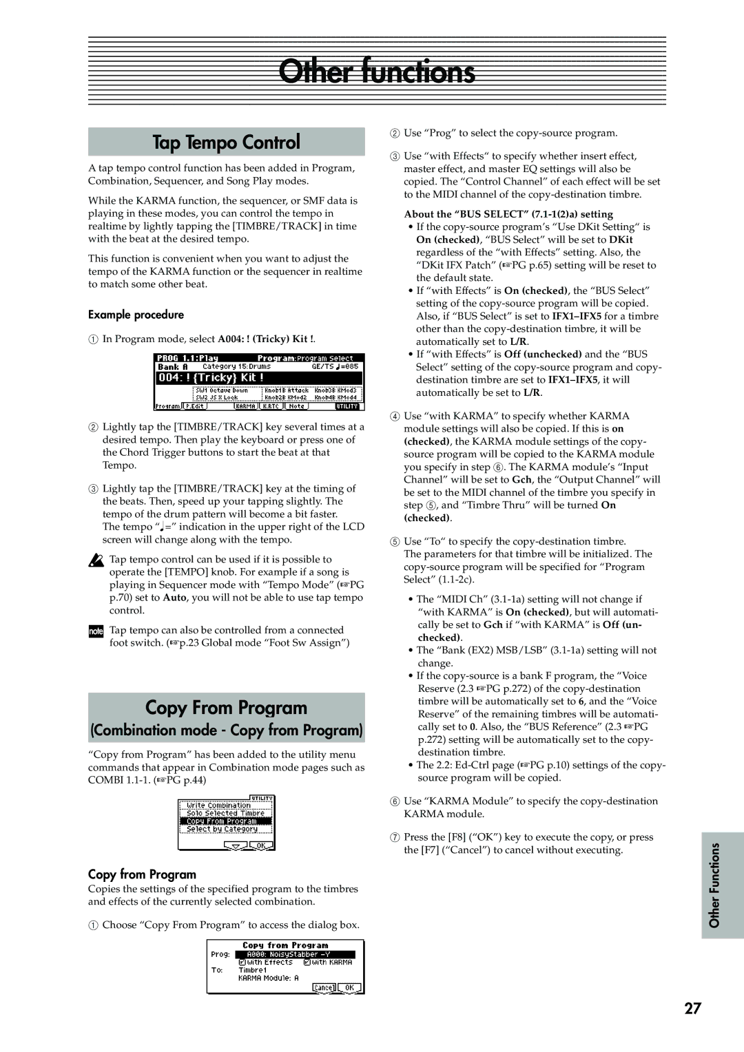 Korg 2 manual Other functions, Tap Tempo Control, Copy From Program, Combination mode Copy from Program, Other Functions 