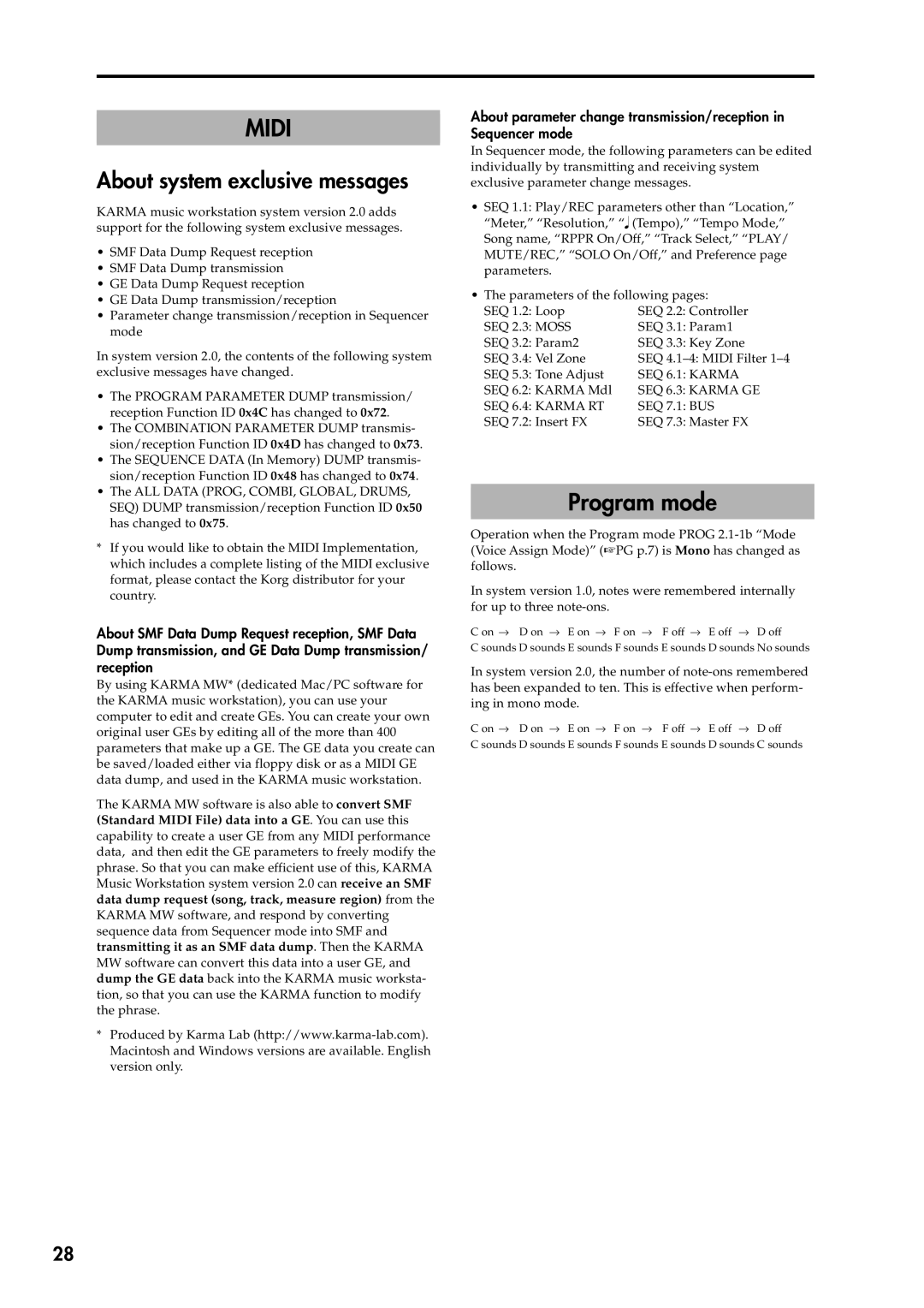 Korg 2 manual Program mode, About system exclusive messages, Data dump request song, track, measure region from 