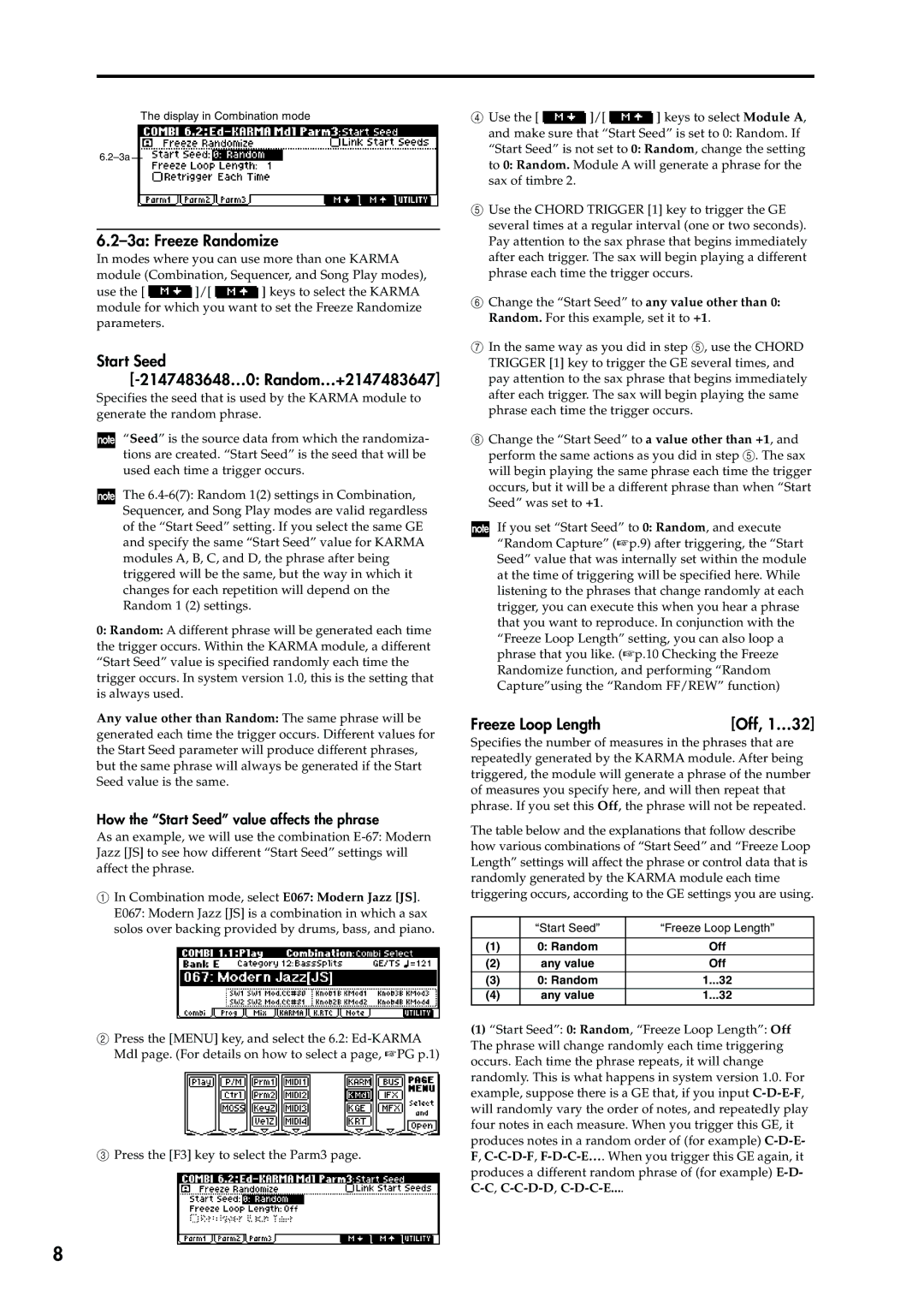 Korg manual 3a Freeze Randomize, Start Seed 2147483648…0 Random…+2147483647, Freeze Loop Length Off, 1…32 