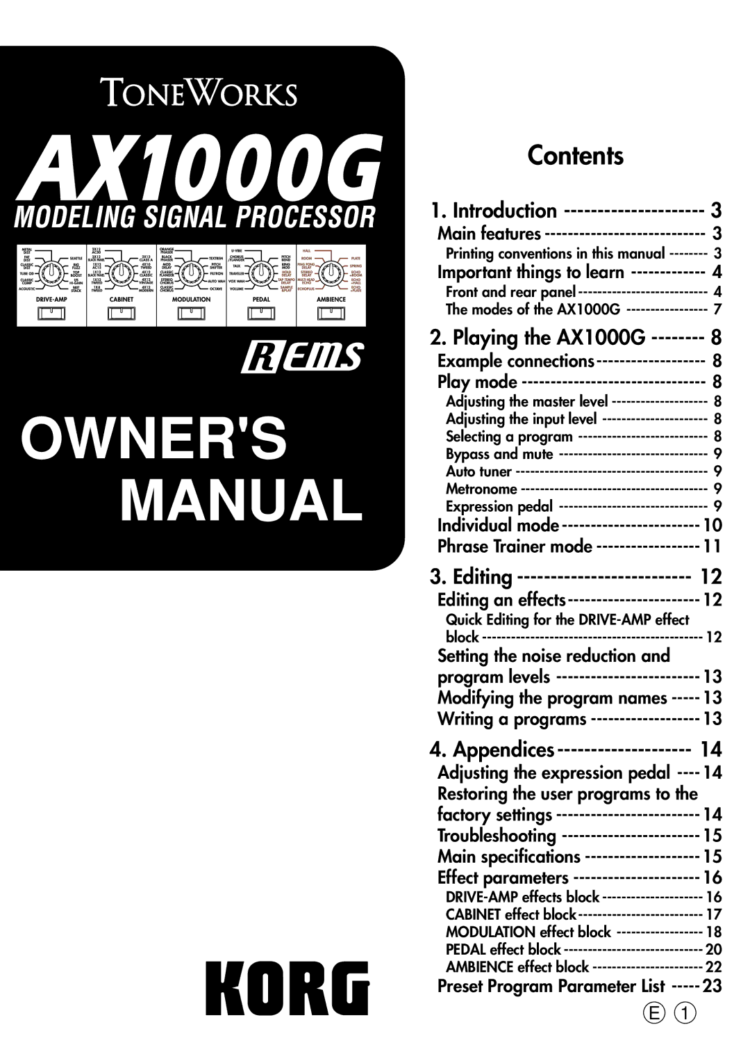 Korg AX1000G specifications Contents 