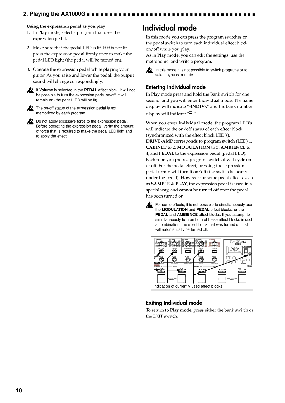 Korg AX1000G specifications Entering Individual mode, Exiting Individual mode, Using the expression pedal as you play 