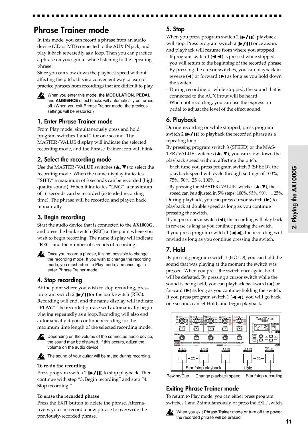 Korg AX1000G specifications Phrase Trainer mode 