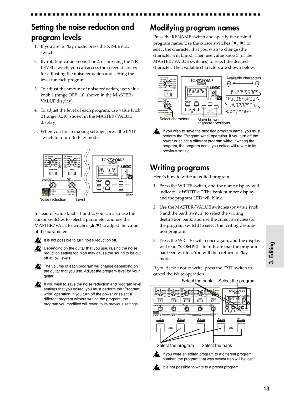 Korg AX1000G specifications Setting the noise reduction and program levels, Modifying program names, Writing programs 