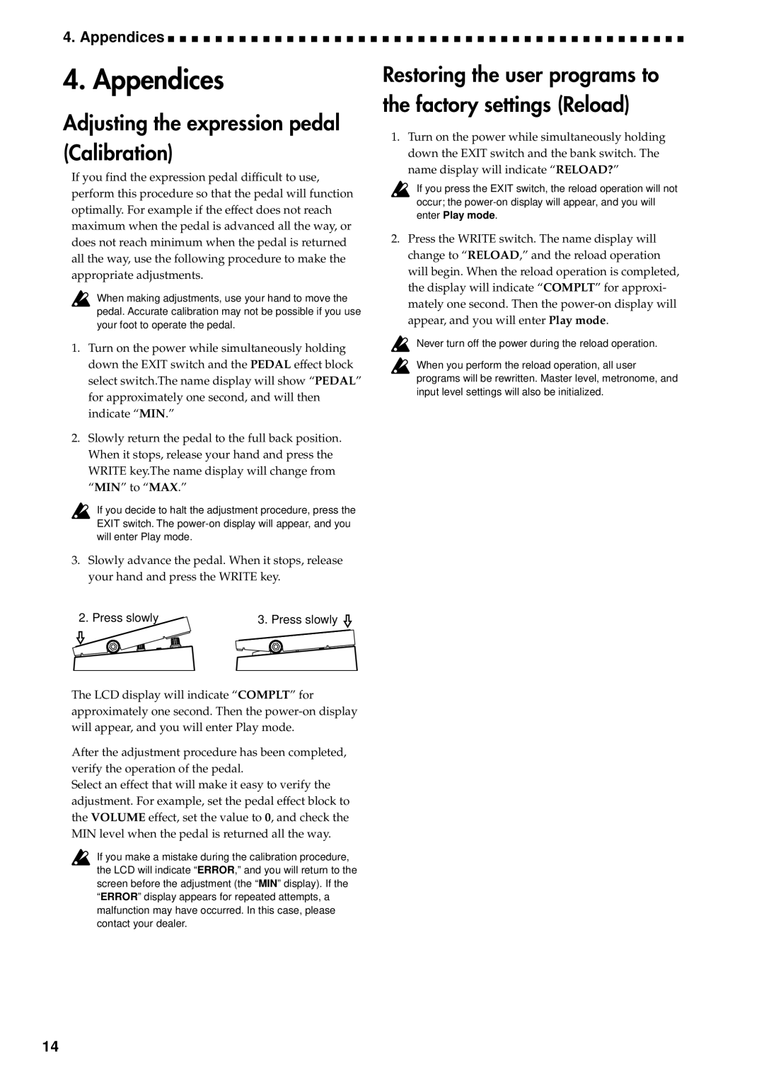 Korg AX1000G specifications Appendices, Adjusting the expression pedal Calibration 