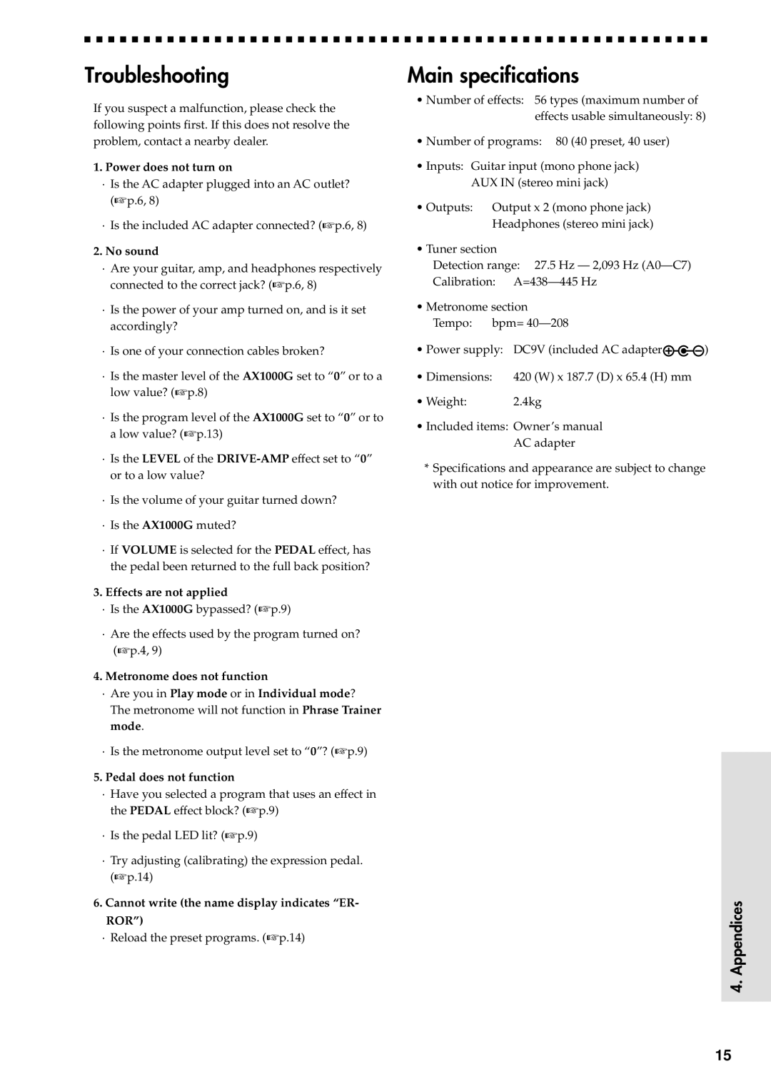 Korg AX1000G Troubleshooting, Main specifications, Appendices 