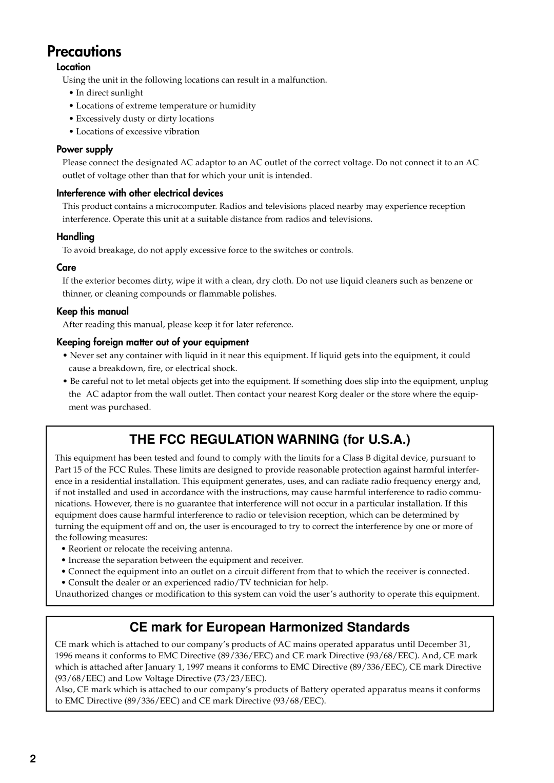 Korg AX1000G specifications Precautions 