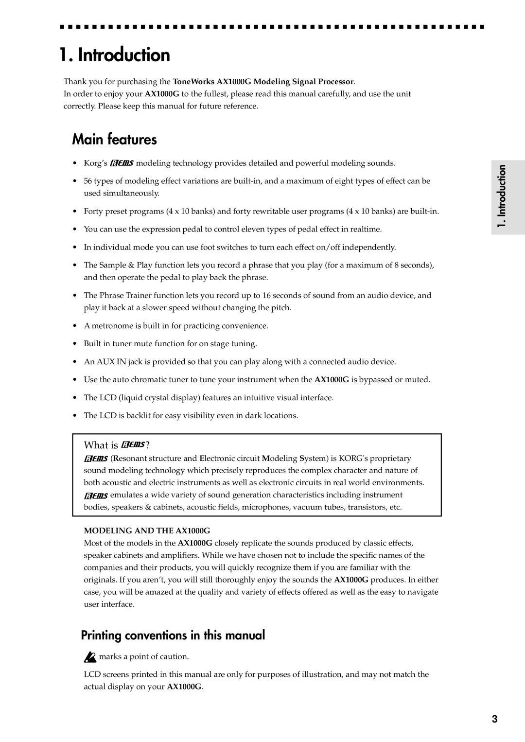 Korg AX1000G specifications Introduction, Main features, Printing conventions in this manual 