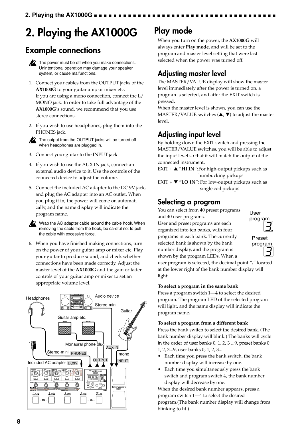 Korg specifications Playing the AX1000G, Example connections, Play mode 