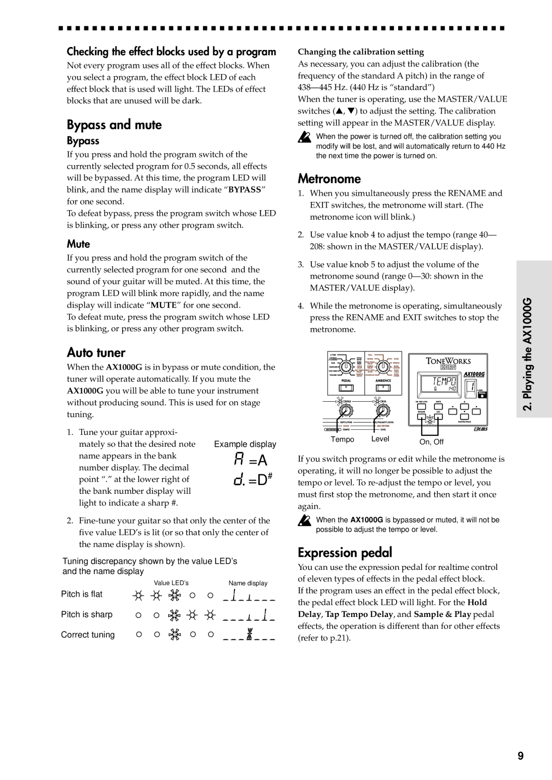 Korg AX1000G specifications Bypass and mute, Auto tuner, Metronome, Expression pedal 