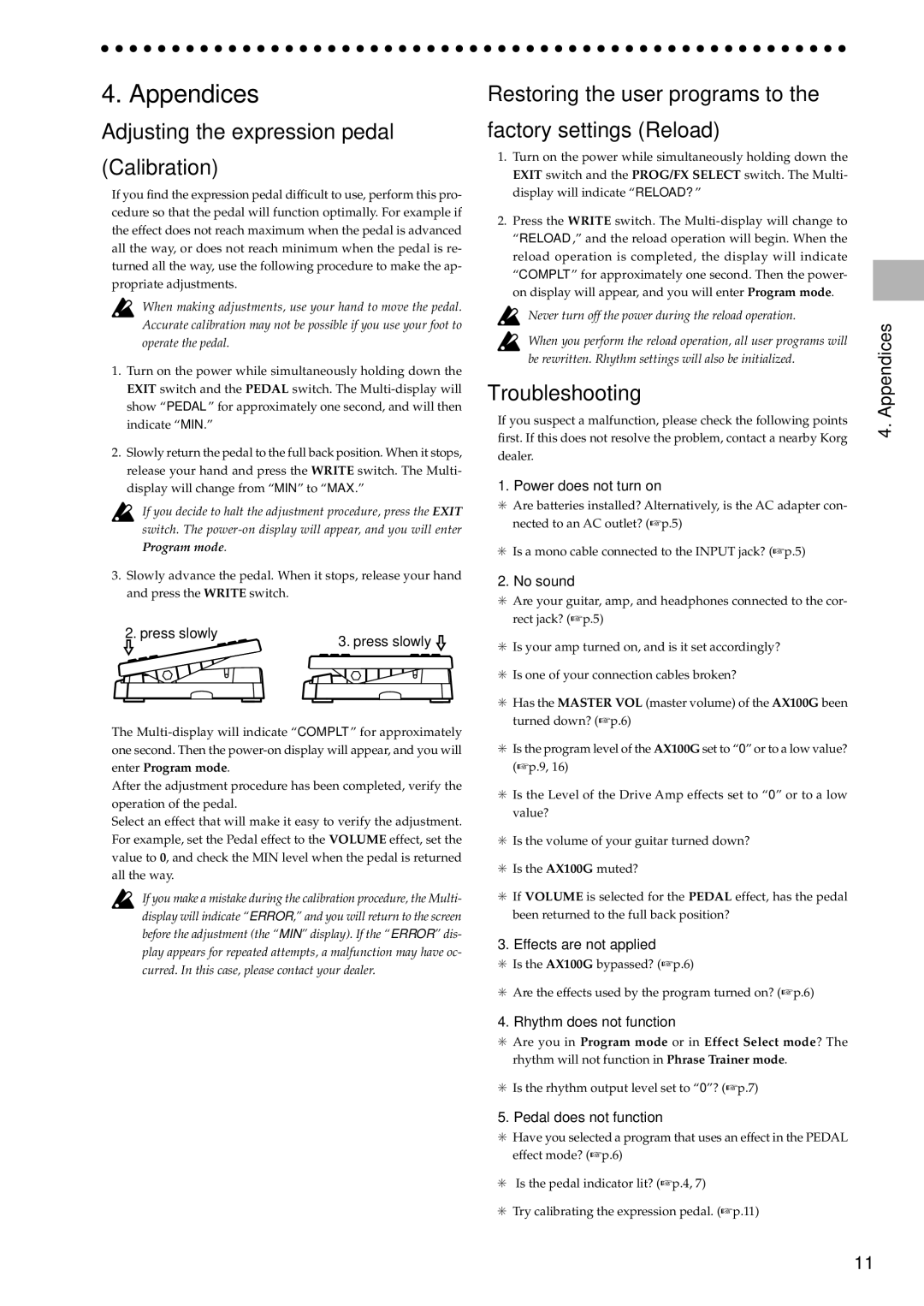Korg AX100G Appendices, Adjusting the expression pedal Calibration, Restoring the user programs to Factory settings Reload 