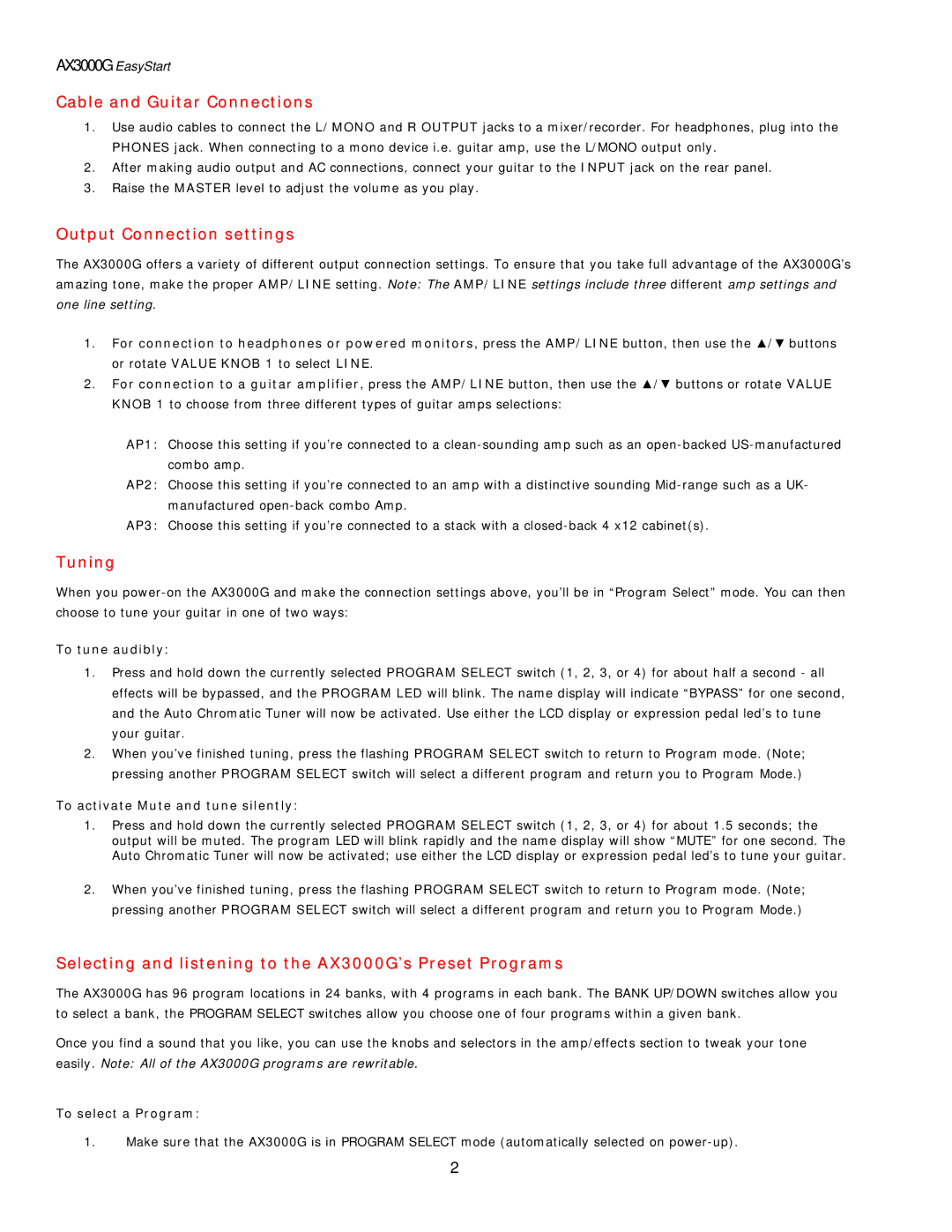 Korg AX3000G manual Cable and Guitar Connections, Output Connection settings, Tuning 