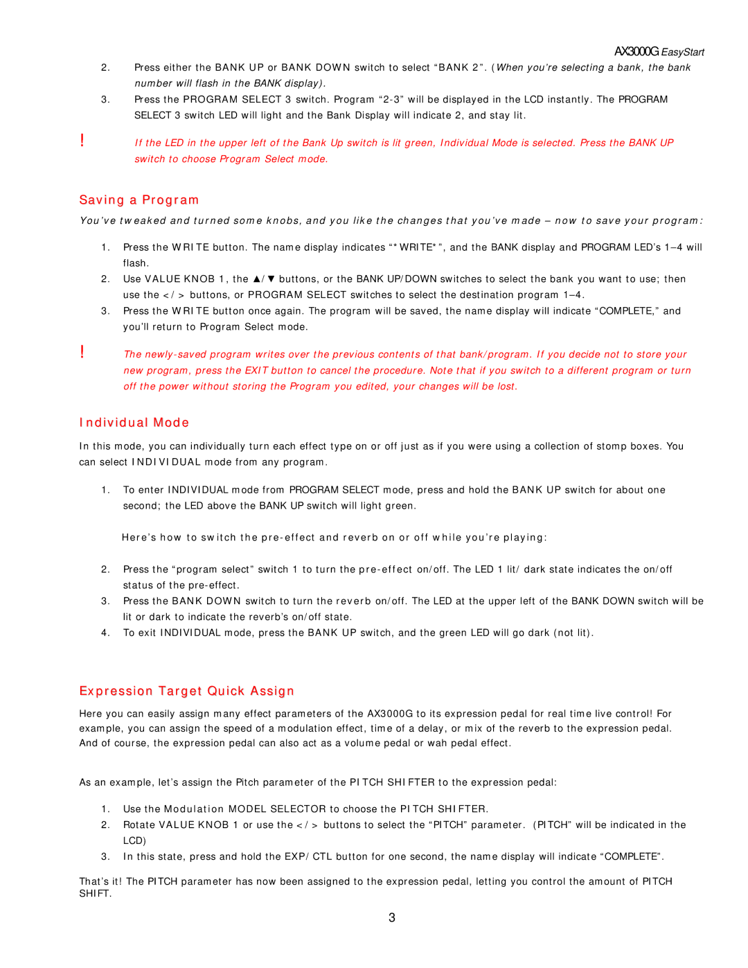 Korg AX3000G manual Saving a Program, Individual Mode, Expression Target Quick Assign 