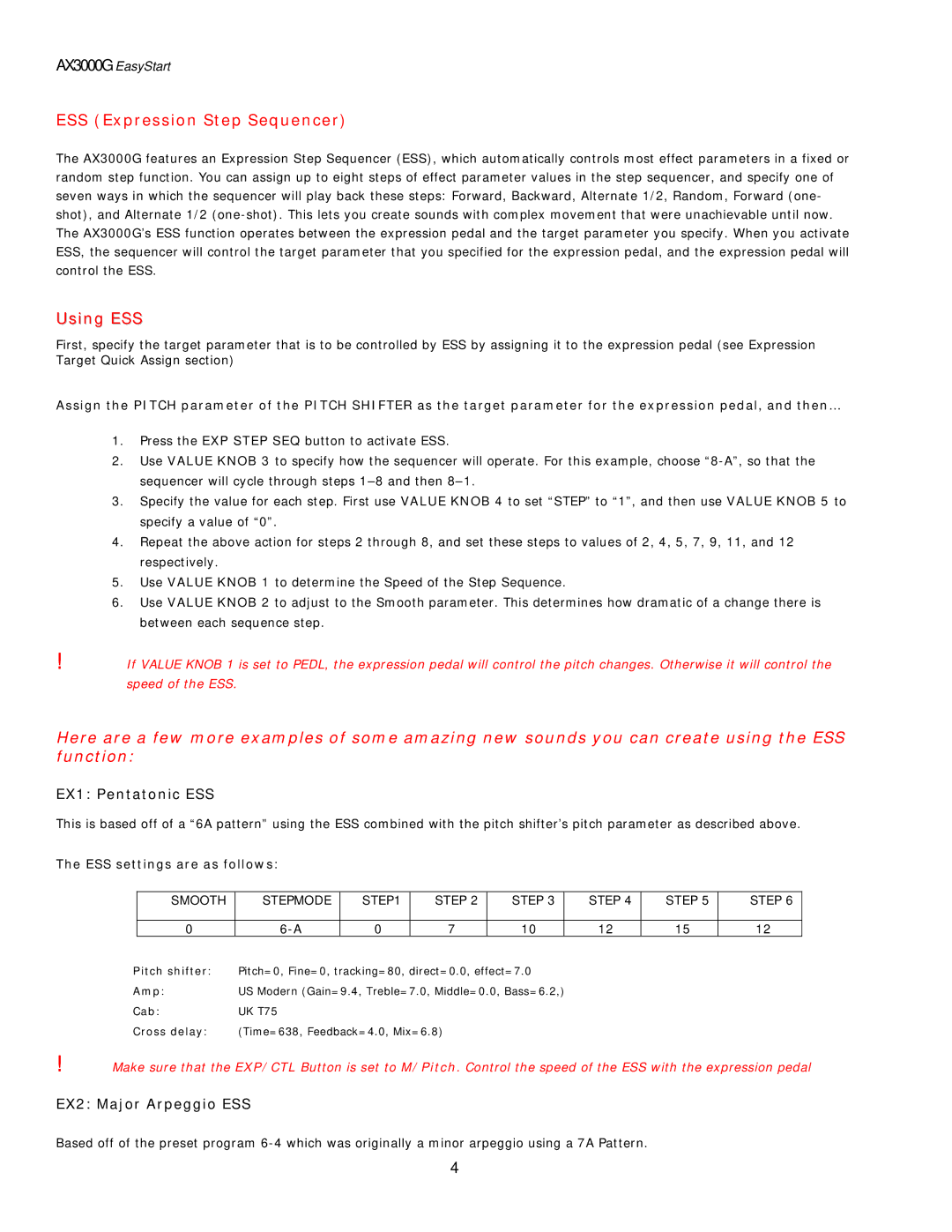 Korg AX3000G manual ESS Expression Step Sequencer, Using ESS, ESS settings are as follows 