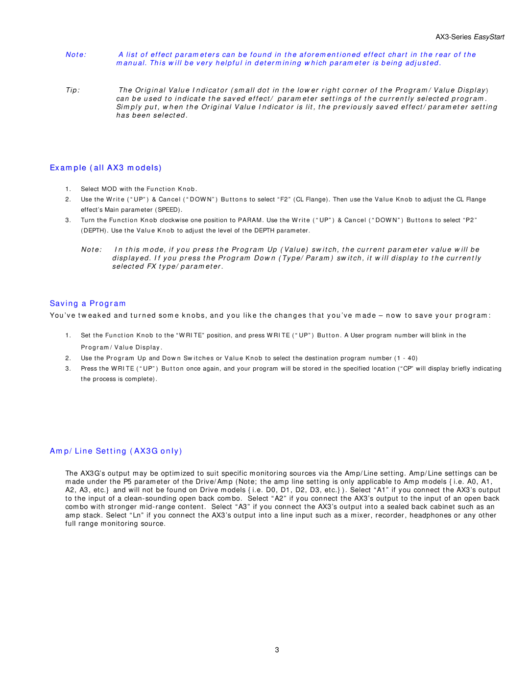 Korg AX3A, AX3B manual Example all AX3 models, Saving a Program, Amp/Line Setting AX3G only 