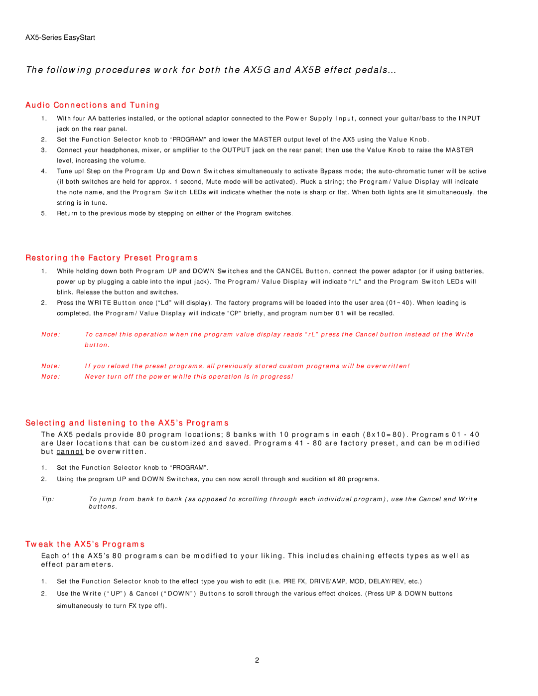 Korg AX5G, AX5B manual Audio Connections and Tuning, Restoring the Factory Preset Programs, Tweak the AX5’s Programs 