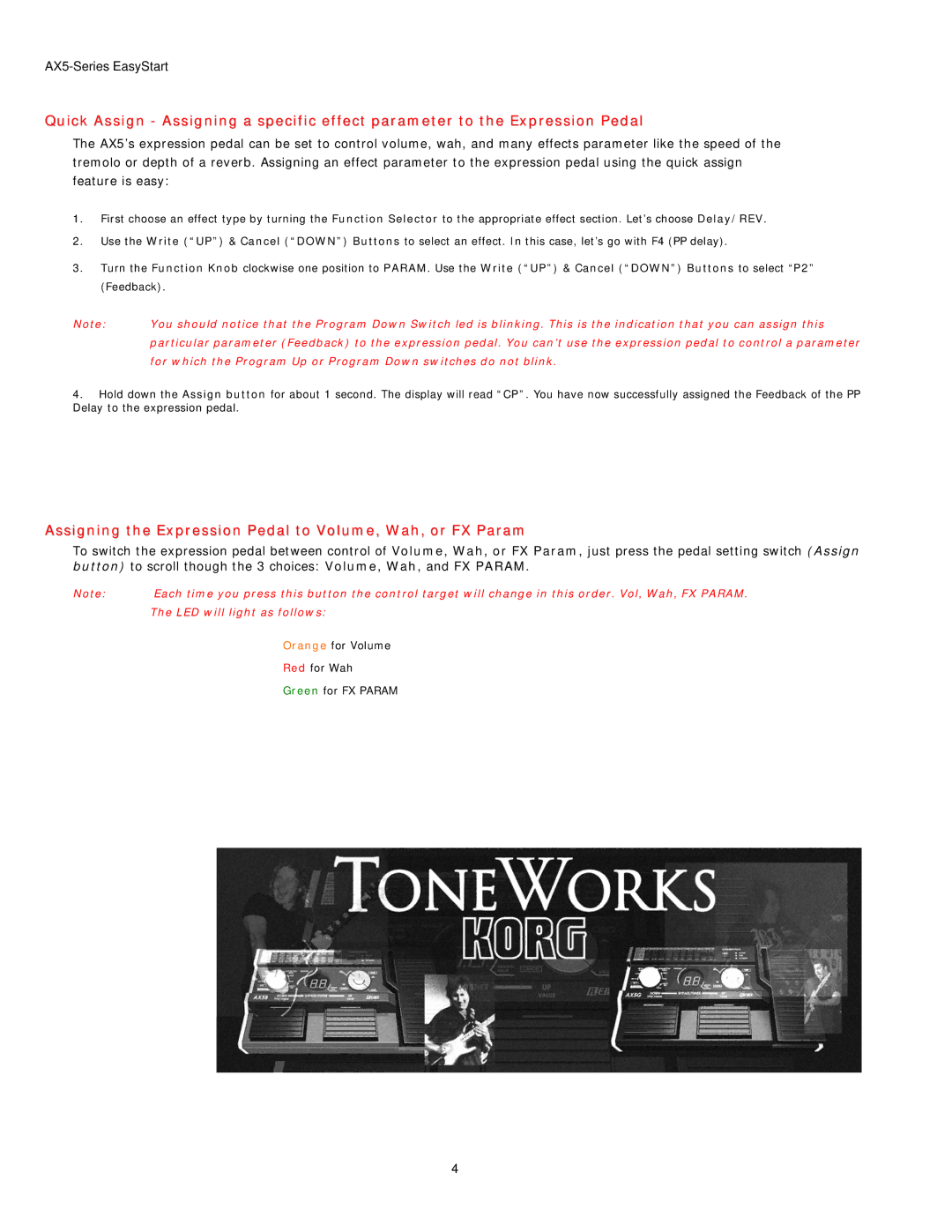 Korg AX5G, AX5B manual Assigning the Expression Pedal to Volume, Wah, or FX Param 