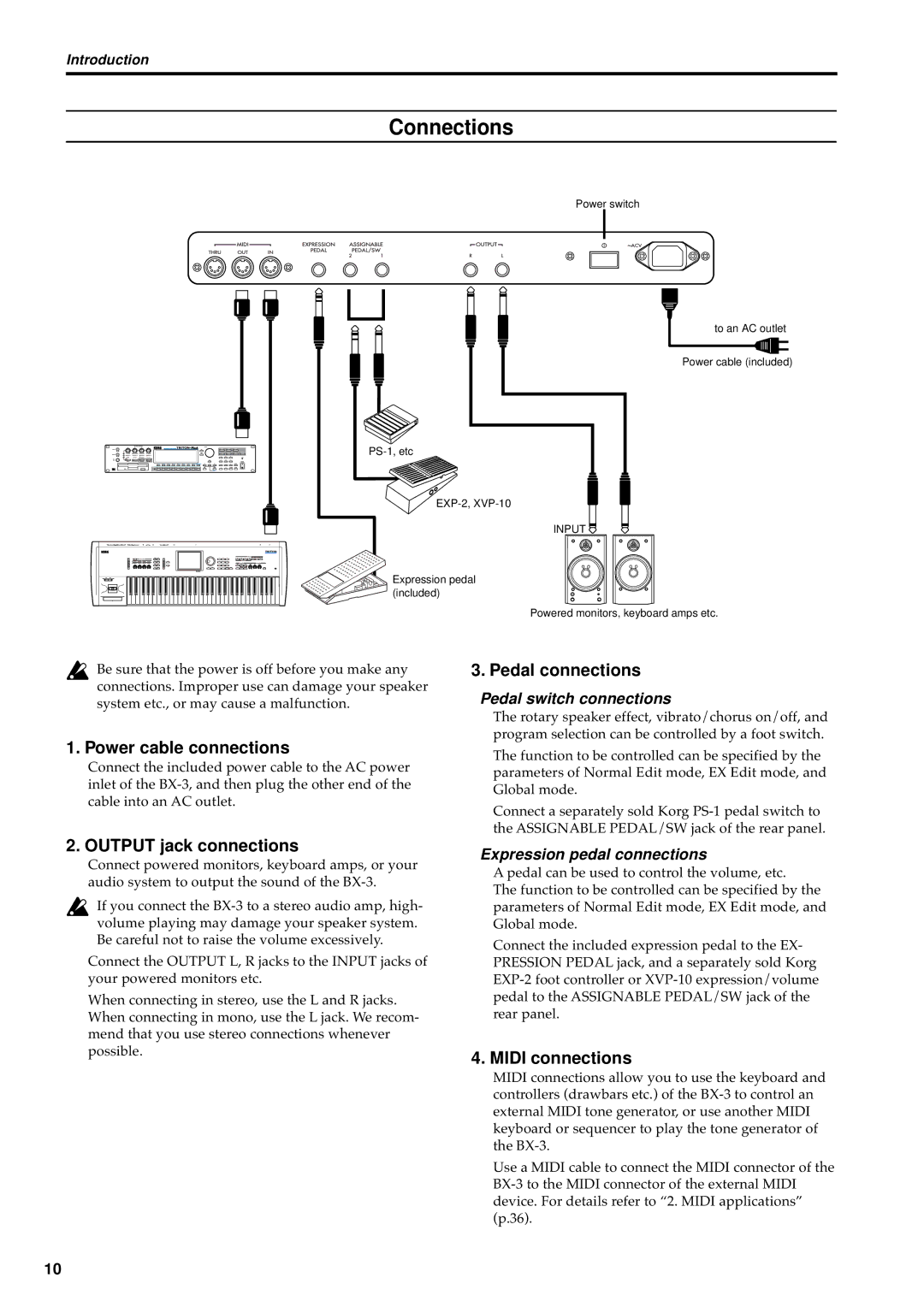 Korg BX-3 manual Connections, Power cable connections, Output jack connections, Pedal connections, Midi connections 