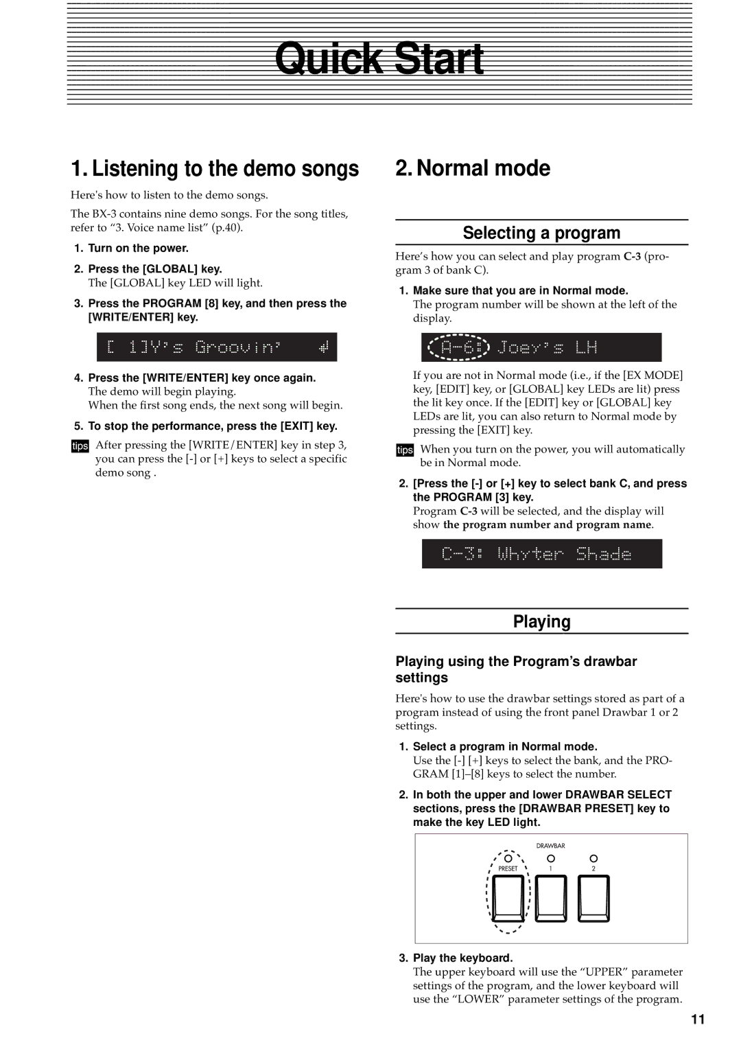 Korg BX-3 manual Normal mode, Selecting a program, Playing using the Program’s drawbar settings 