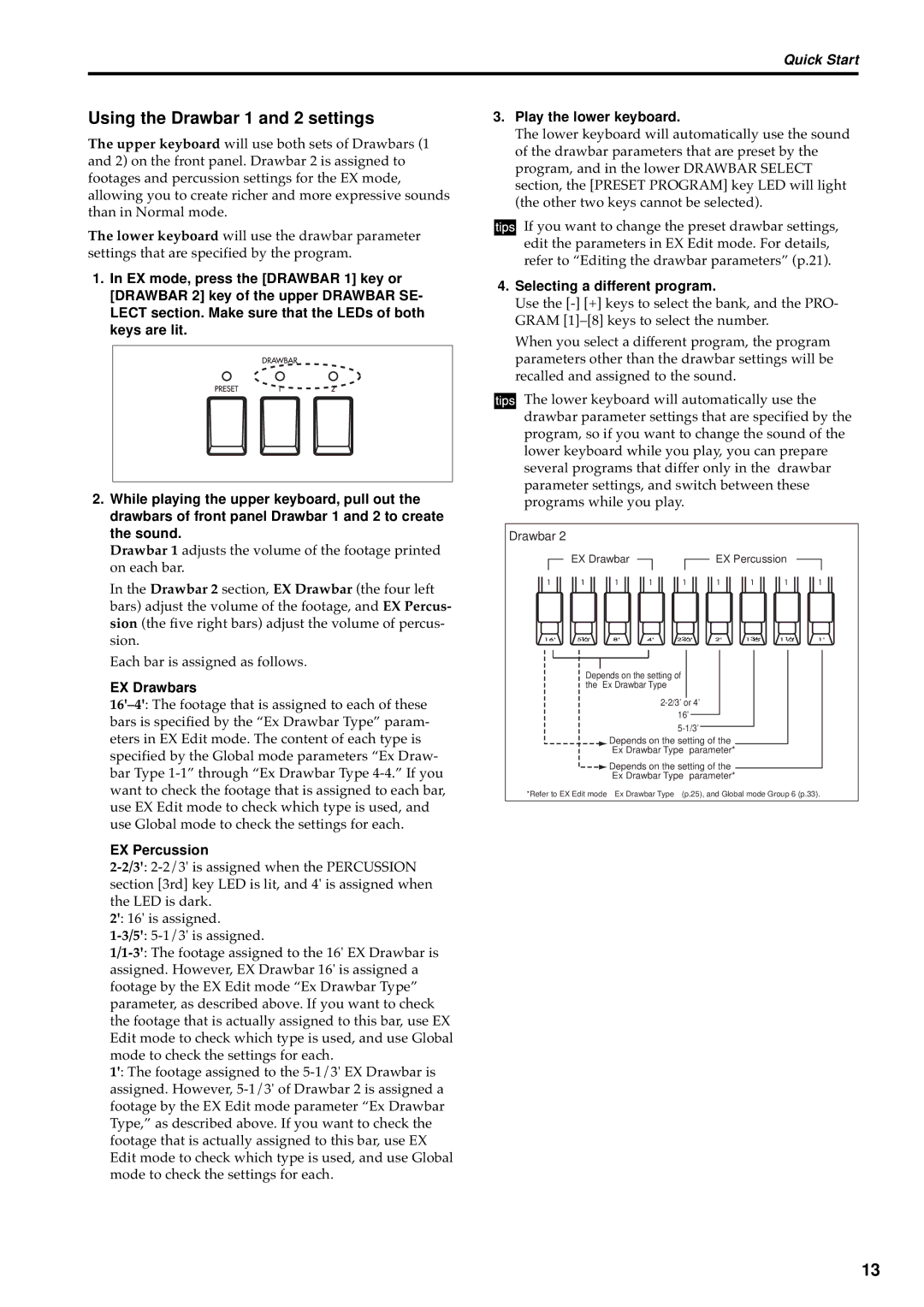 Korg BX-3 manual EX Drawbars, EX Percussion, Play the lower keyboard, Selecting a different program 