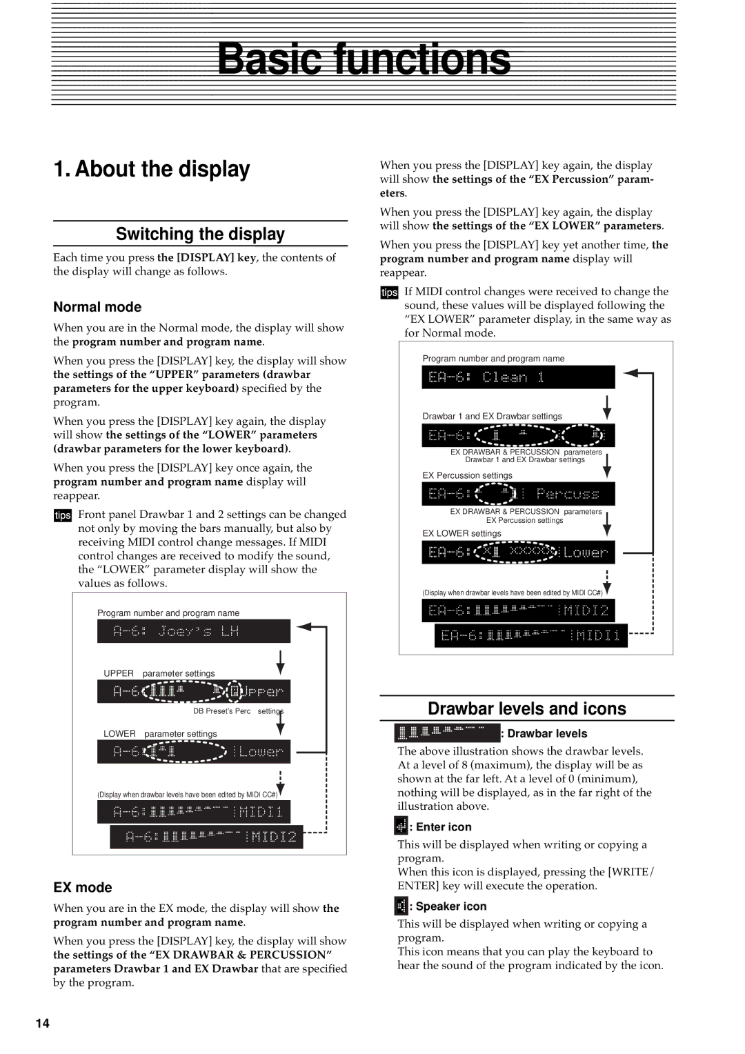 Korg BX-3 manual About the display, Switching the display, Drawbar levels and icons, Normal mode, EX mode 