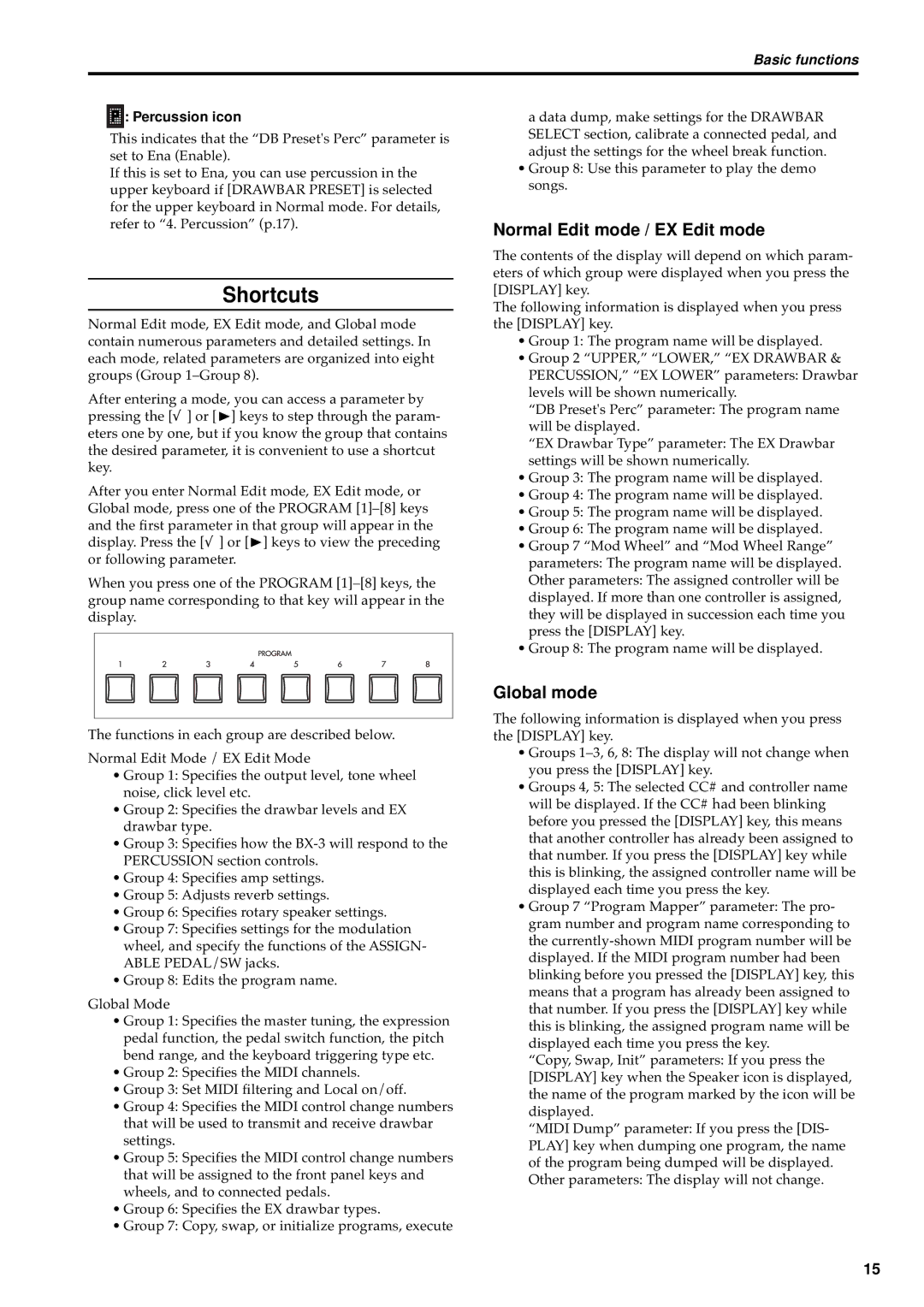 Korg BX-3 manual Shortcuts, Global mode, Percussion icon 