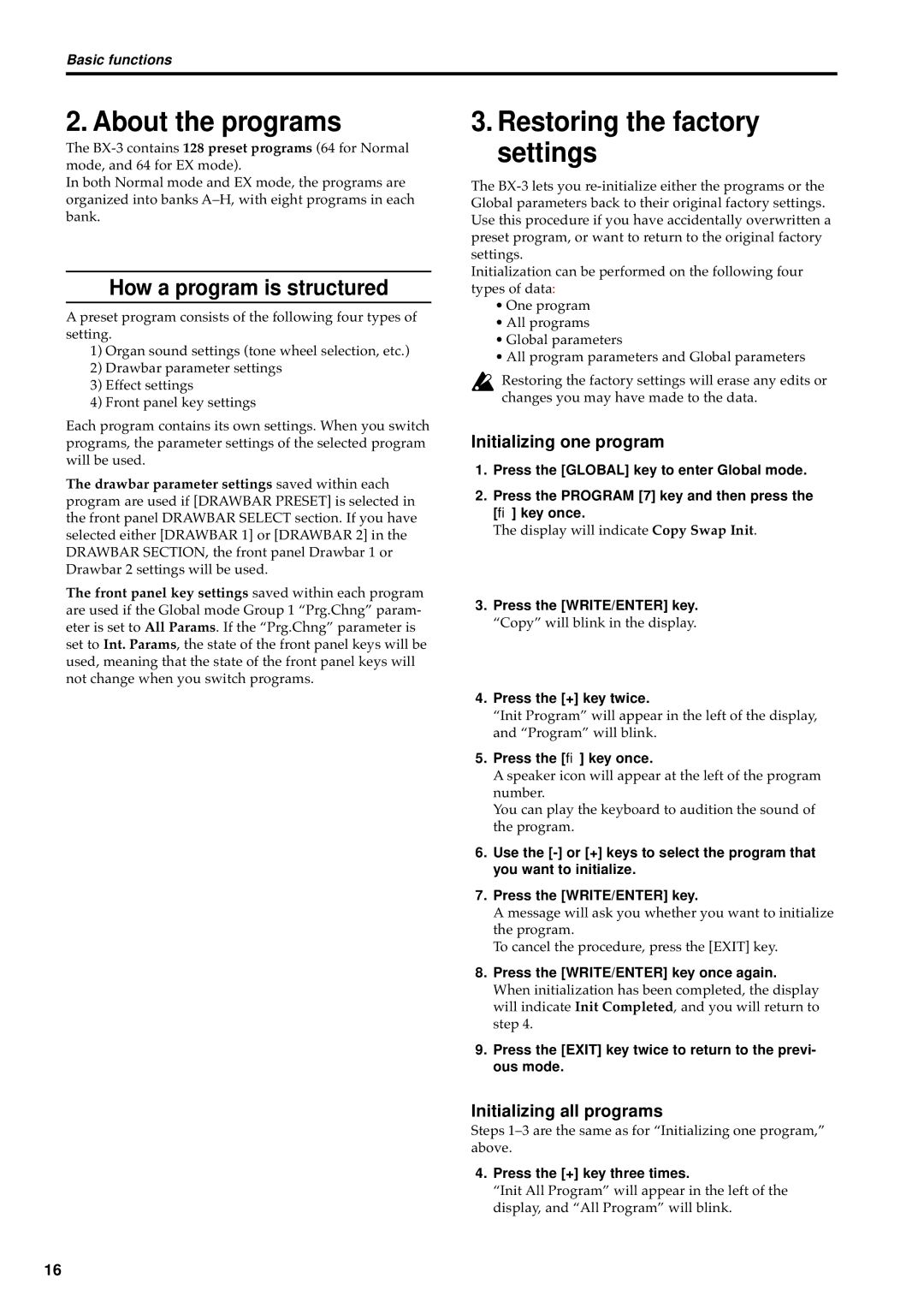 Korg BX-3 manual About the programs, Restoring the factory settings, How a program is structured, Initializing one program 