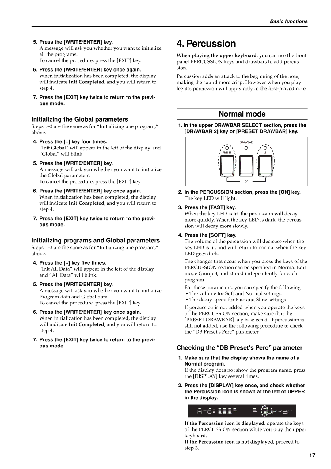 Korg BX-3 manual Percussion, Normal mode, Initializing the Global parameters, Initializing programs and Global parameters 