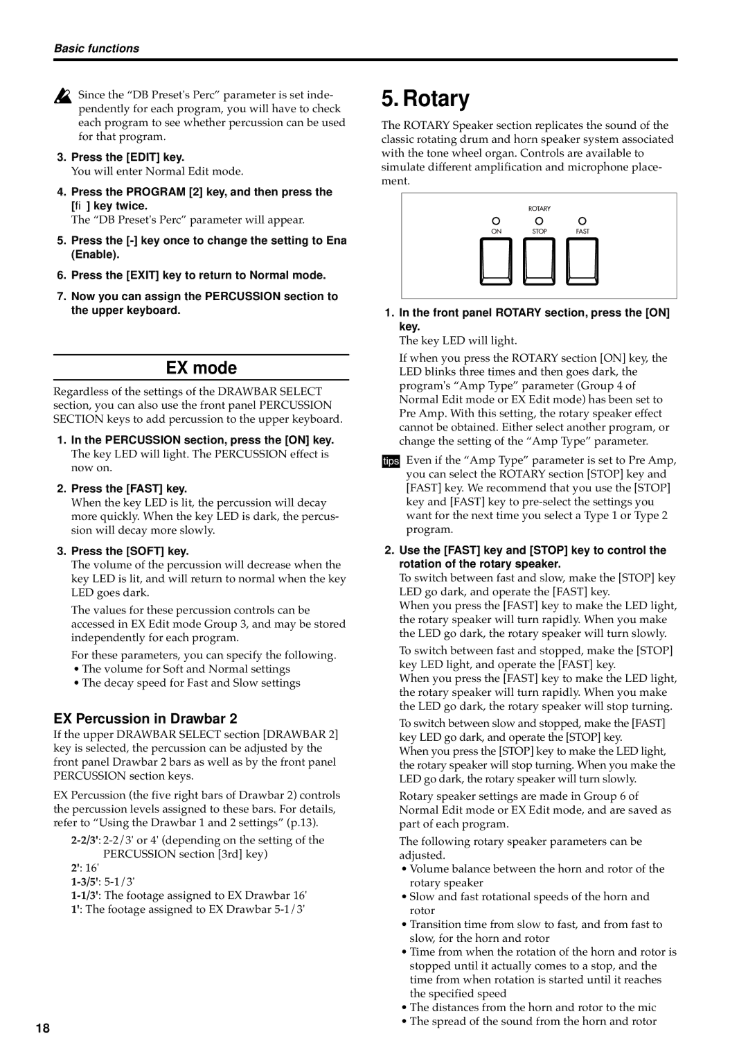 Korg BX-3 manual Rotary, EX mode, EX Percussion in Drawbar 