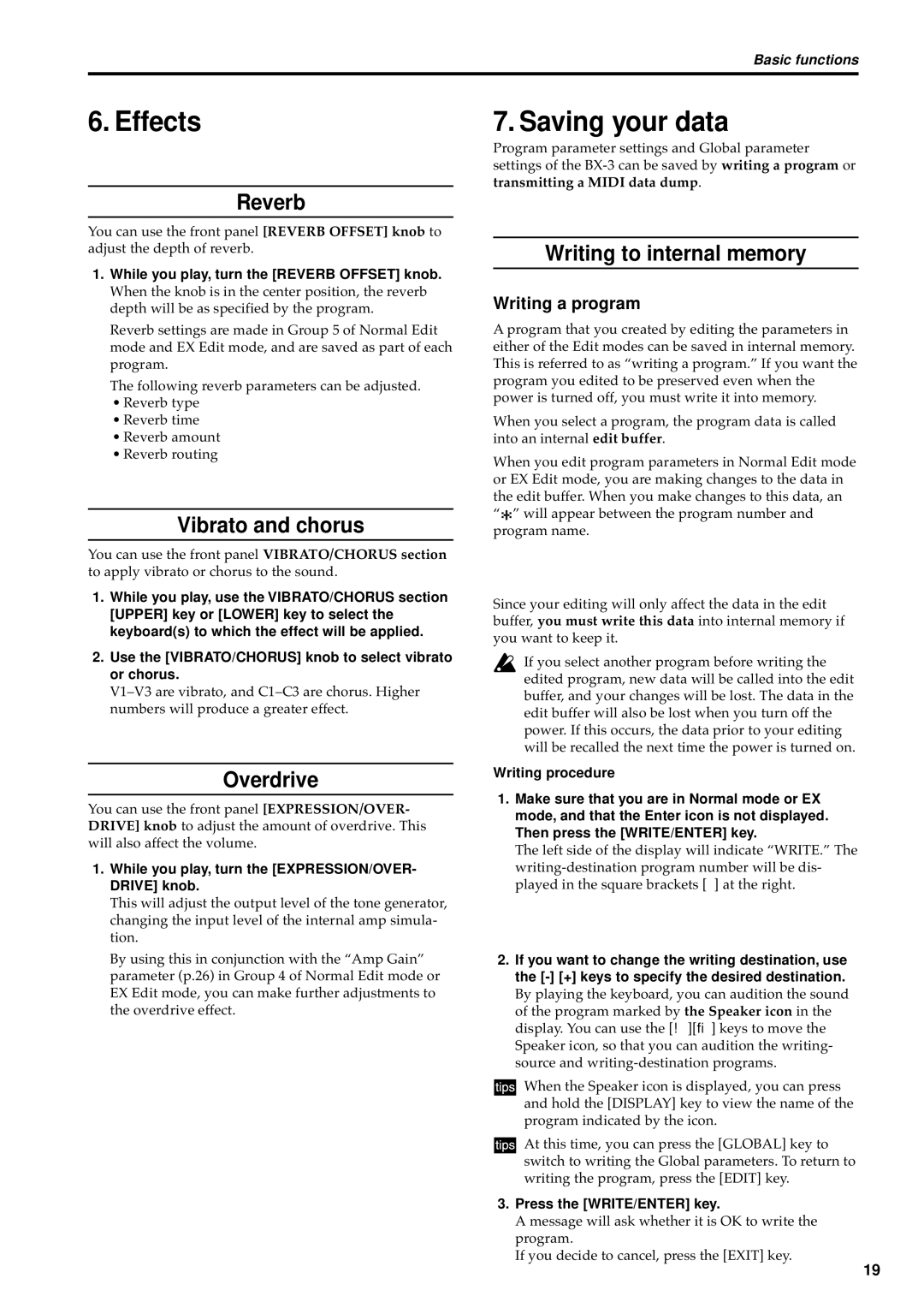 Korg BX-3 manual Effects, Saving your data 