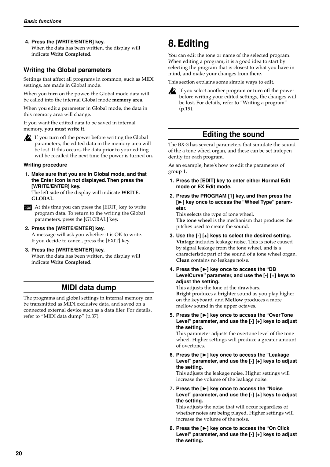 Korg BX-3 manual Midi data dump, Editing the sound, Writing the Global parameters 