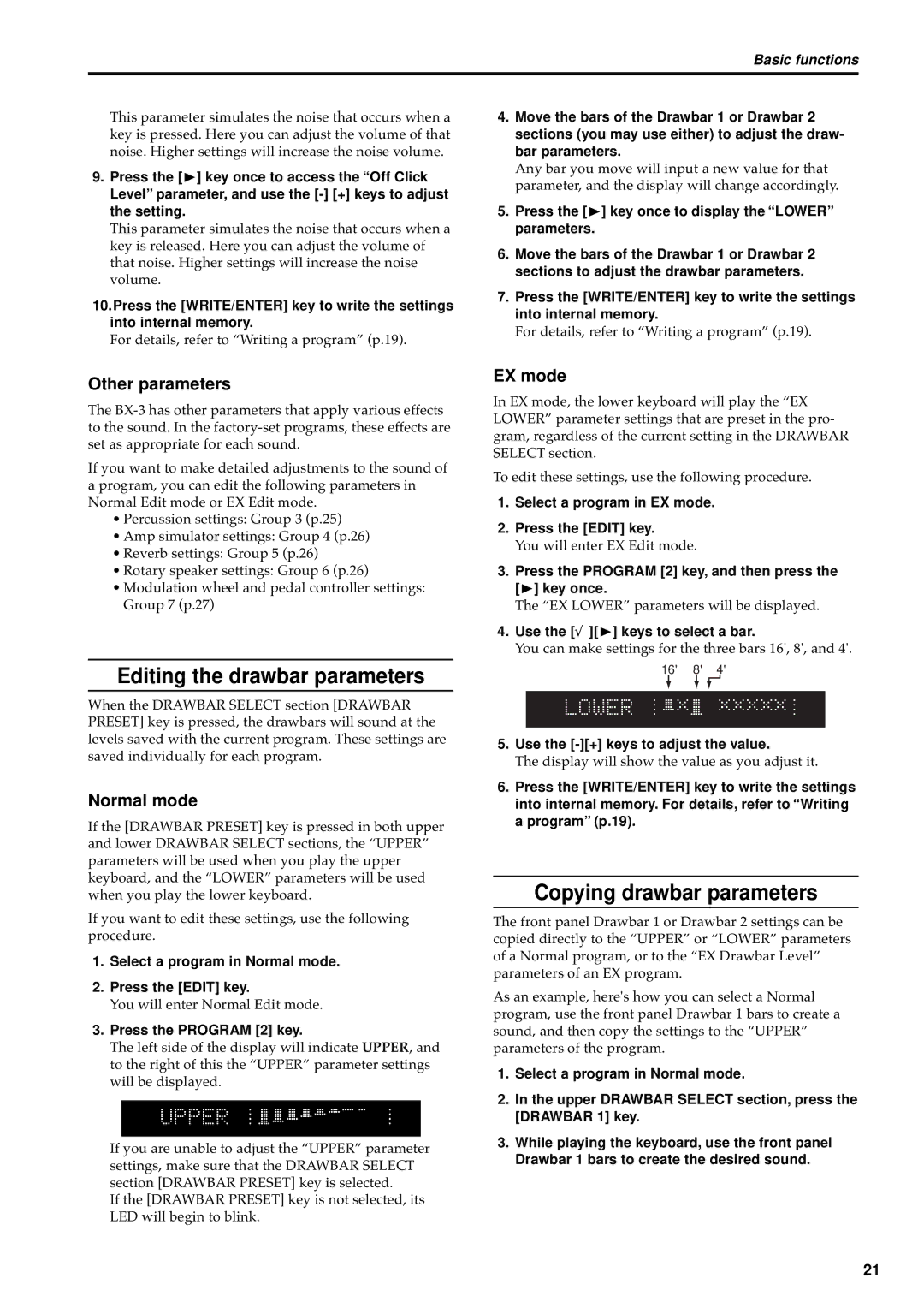 Korg BX-3 manual Editing the drawbar parameters, Copying drawbar parameters, Other parameters 