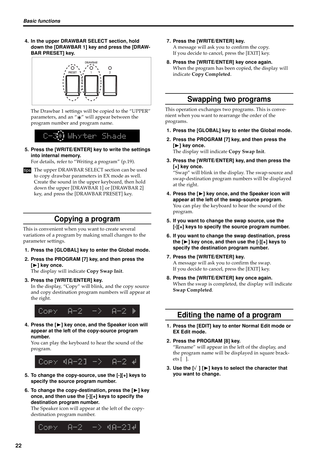 Korg BX-3 manual Copying a program, Swapping two programs, Editing the name of a program 