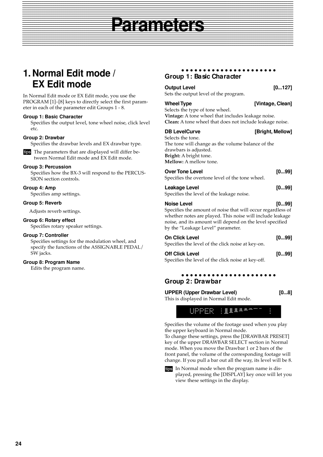 Korg BX-3 manual Group 1 Basic Character, Group 2 Drawbar 