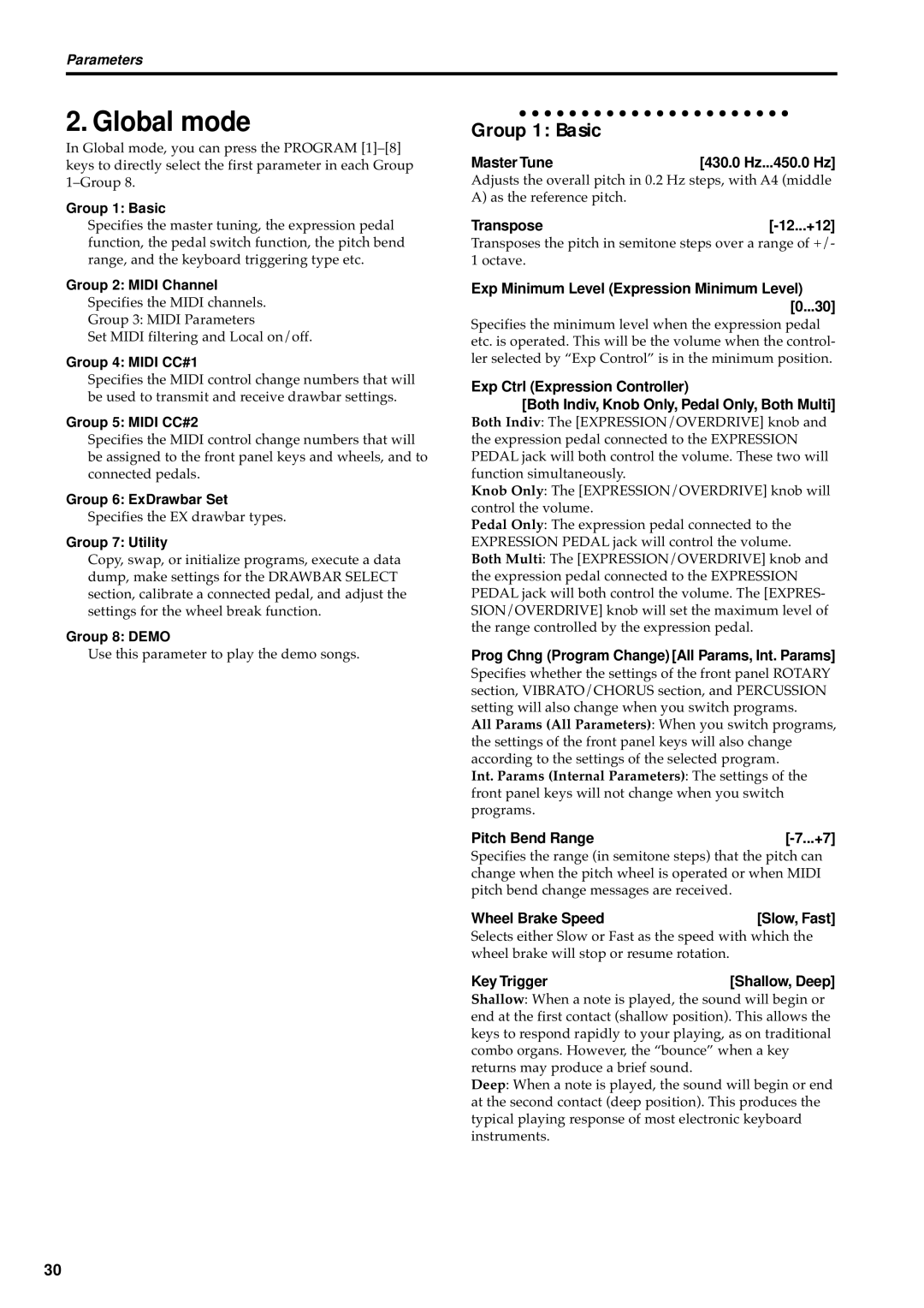 Korg BX-3 manual Global mode, Group 1 Basic 