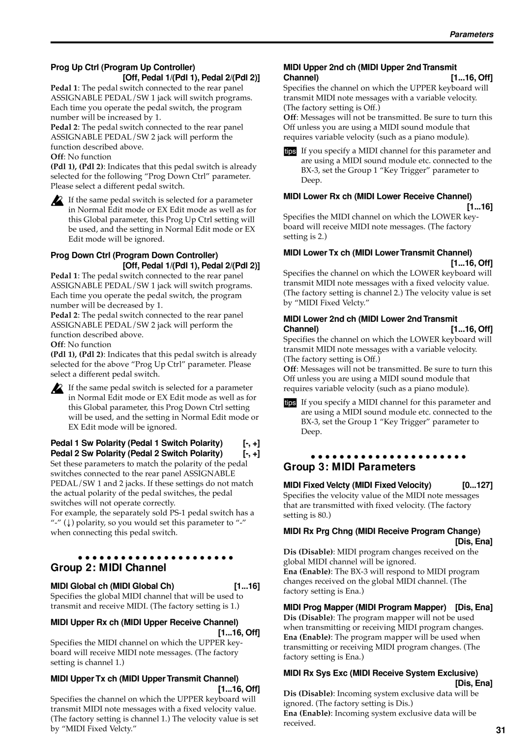 Korg BX-3 manual Group 2 Midi Channel, Group 3 Midi Parameters 