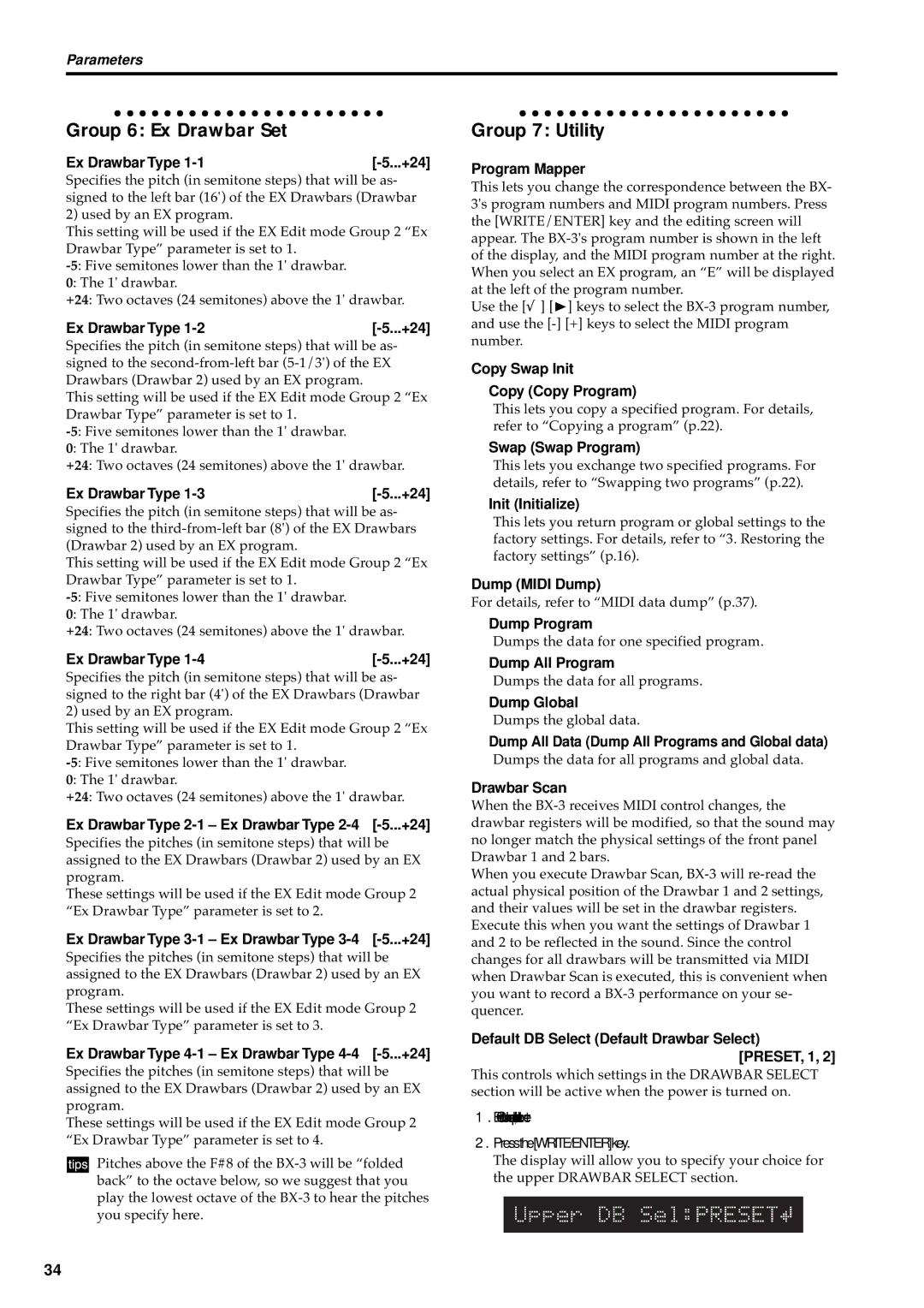 Korg BX-3 manual Group 6 Ex Drawbar Set, Group 7 Utility 