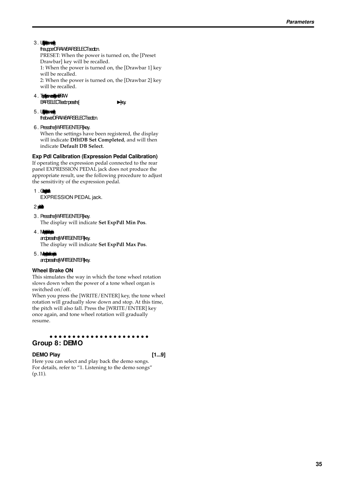 Korg BX-3 manual Group 8 Demo, Exp Pdl Calibration Expression Pedal Calibration, Wheel Brake on, Demo Play 