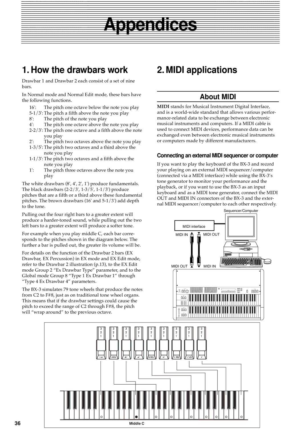 Korg BX-3 manual How the drawbars work, About Midi, Connecting an external Midi sequencer or computer 