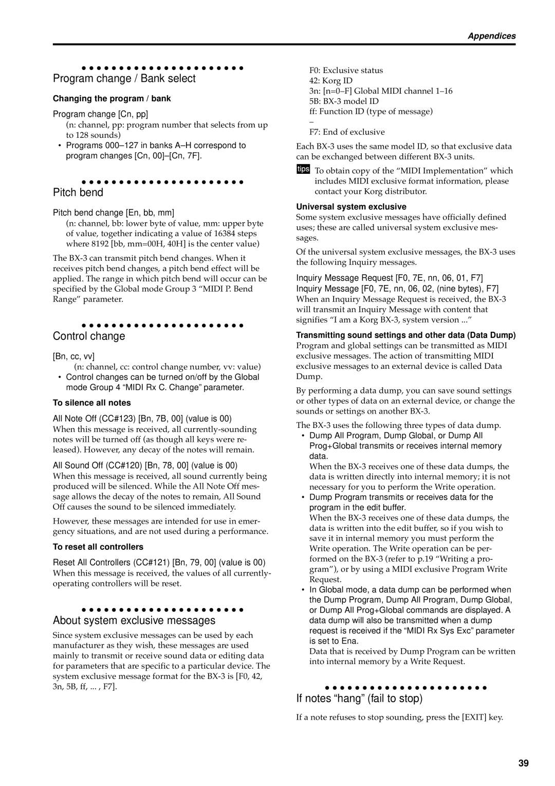 Korg BX-3 manual Changing the program / bank, To silence all notes, To reset all controllers, Universal system exclusive 