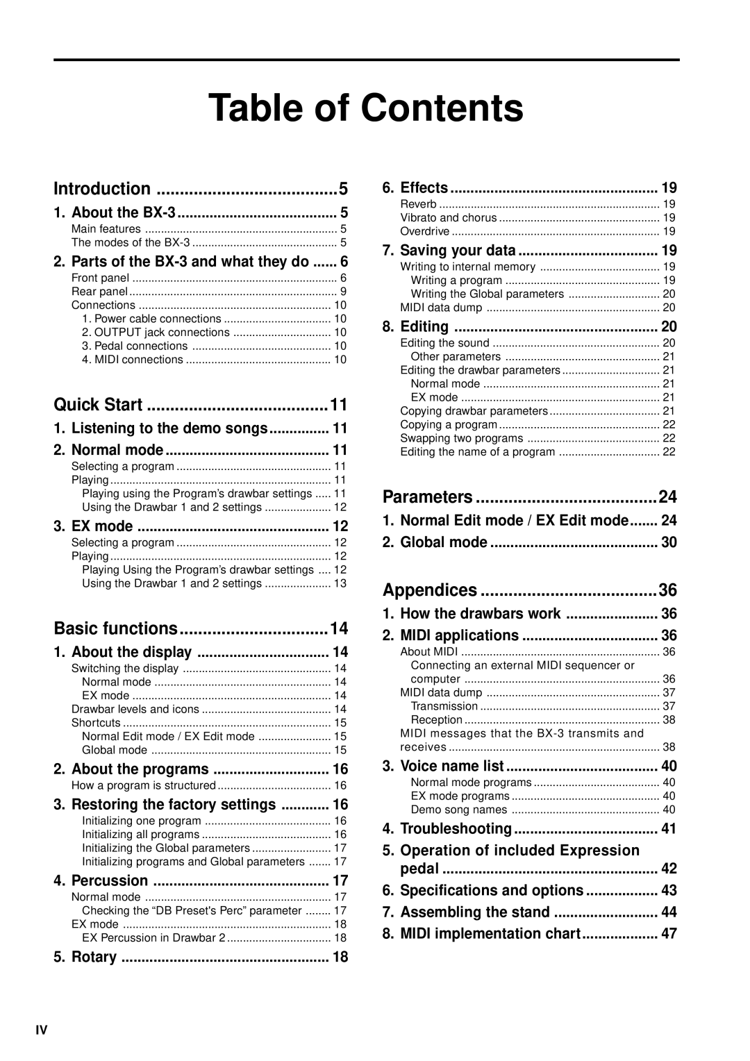 Korg BX-3 manual Table of Contents 