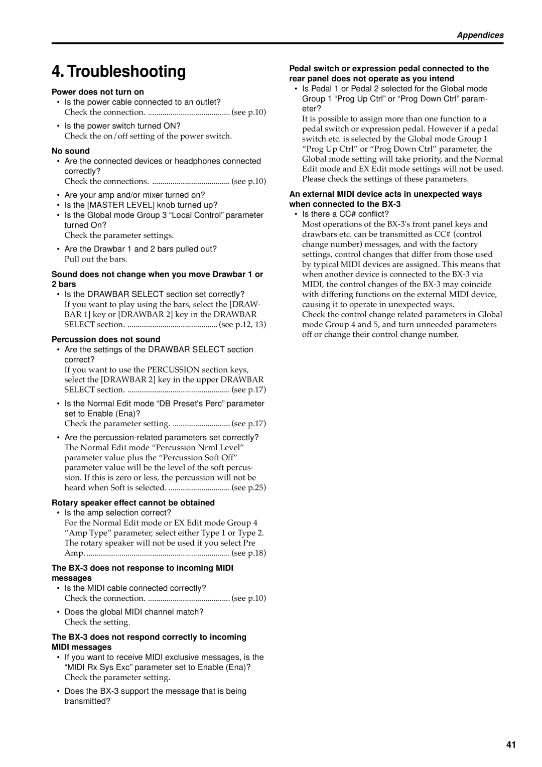 Korg BX-3 manual Troubleshooting 