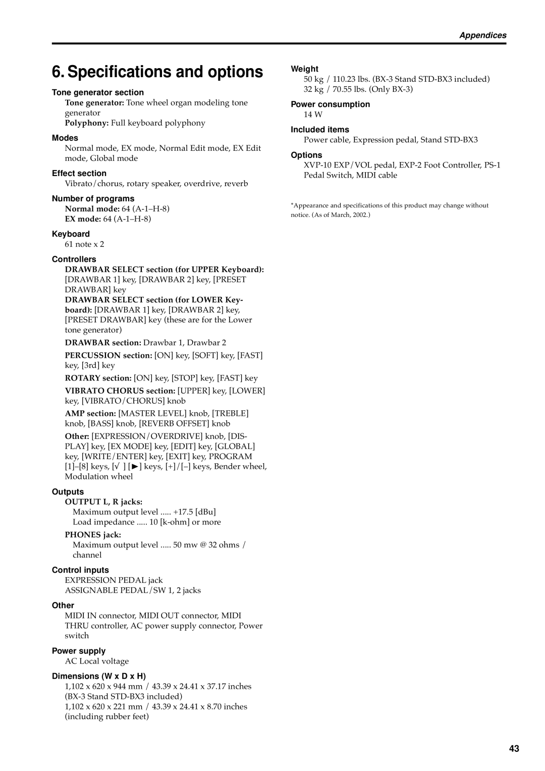 Korg BX-3 manual Specifications and options 