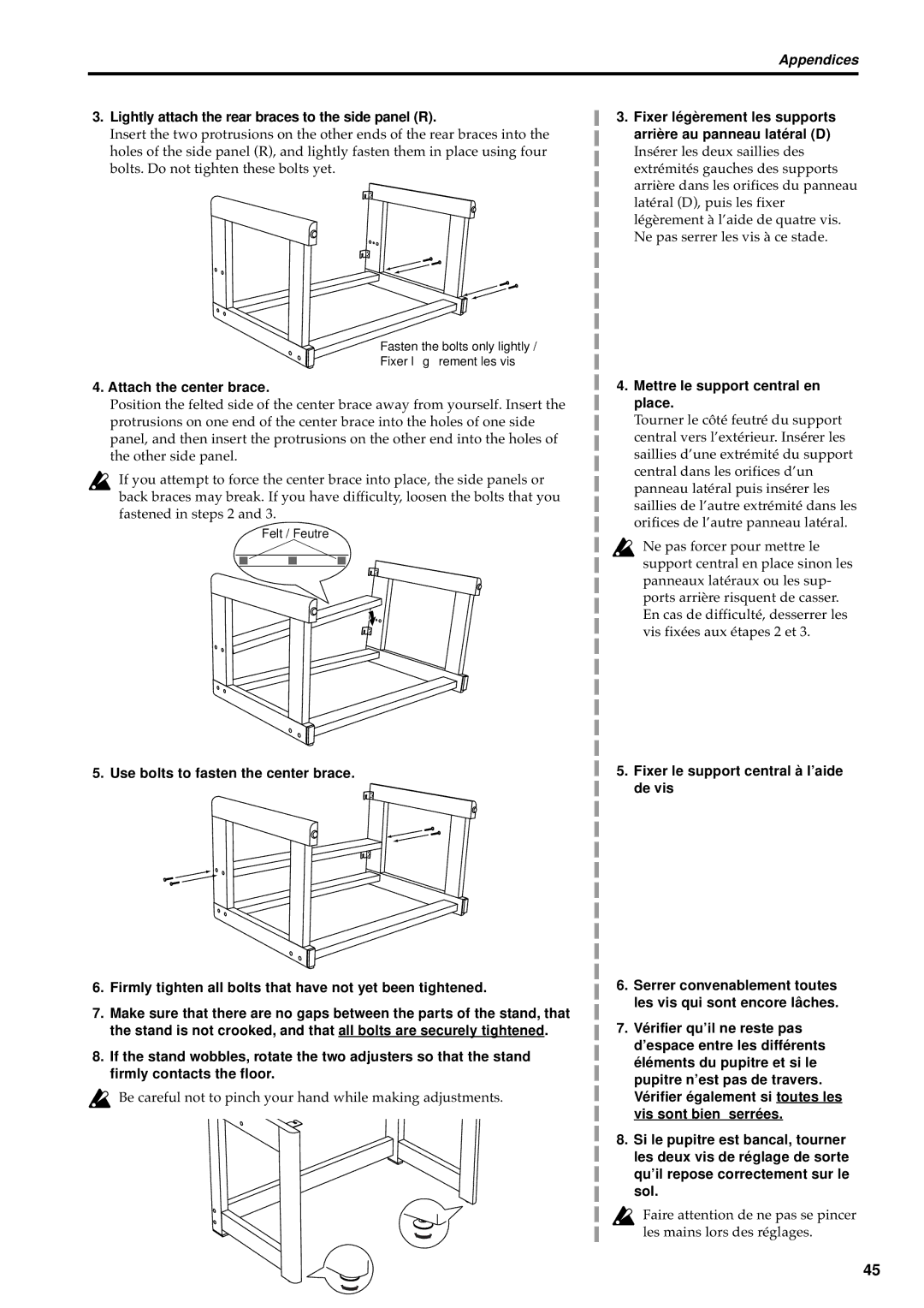 Korg BX-3 Lightly attach the rear braces to the side panel R, Attach the center brace, Mettre le support central en place 