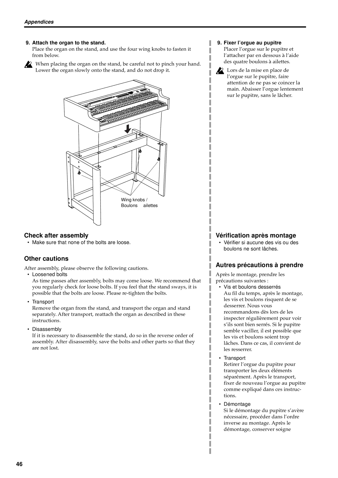 Korg BX-3 manual Check after assembly, Other cautions, Vérification après montage, Autres précautions à prendre 