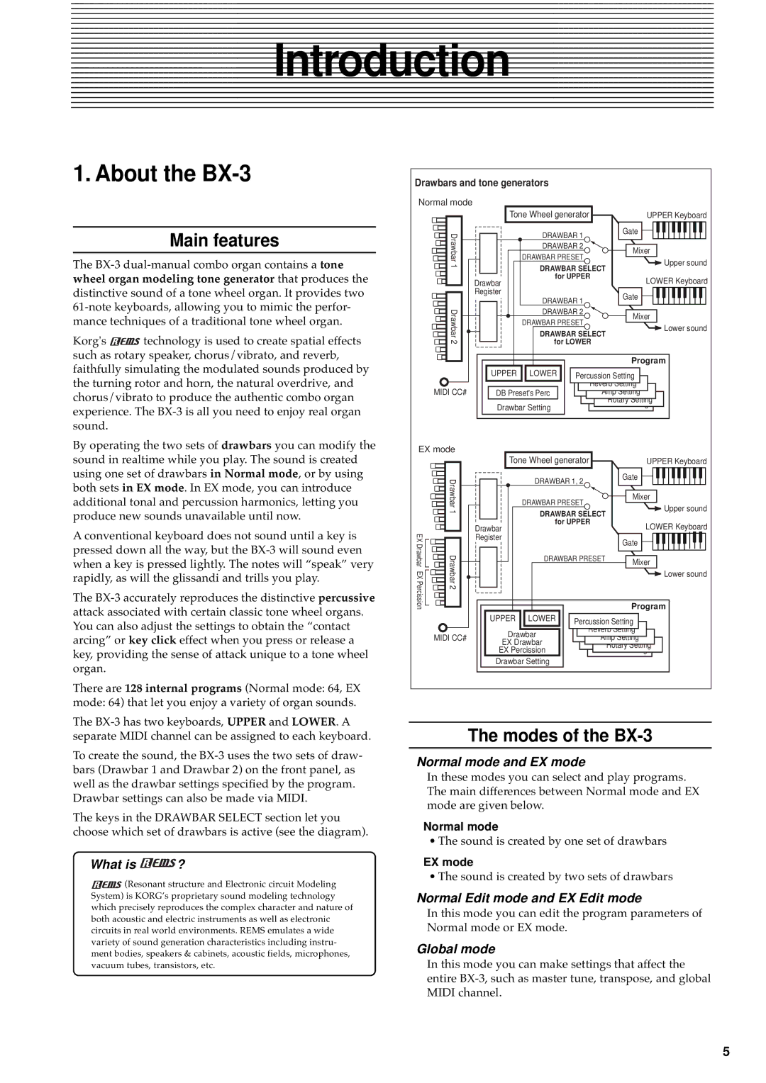 Korg manual About the BX, Main features, Modes of the BX-3, Normal mode, EX mode 