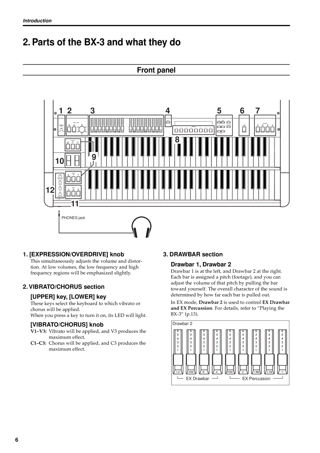 Korg manual Parts of the BX-3 and what they do, Front panel 