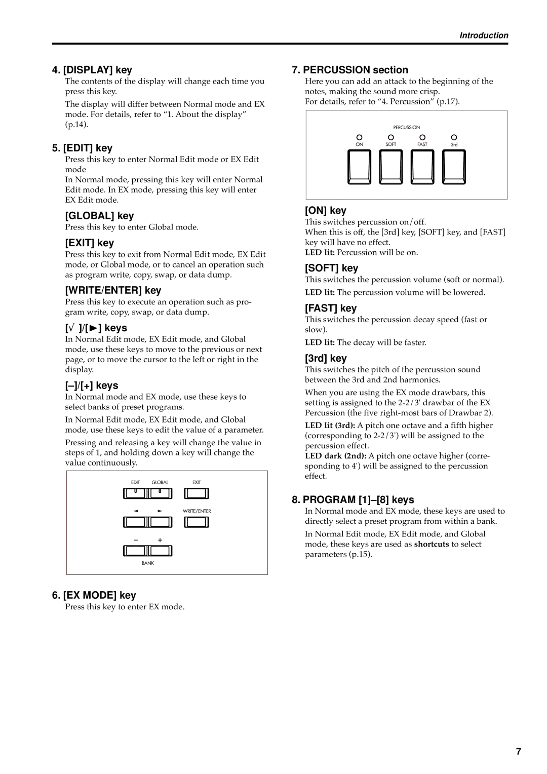 Korg BX-3 Display key, Edit key, Global key, Exit key, WRITE/ENTER key, √ / keys, + keys, EX Mode key, Percussion section 